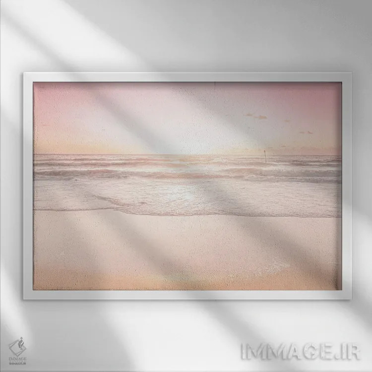 تابلو امواج و غروب بر فراز شنهای طلایی اثر بلی - نمای قابدار سفید
