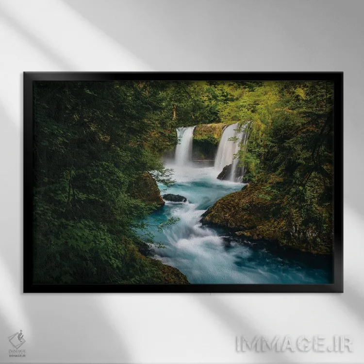 تابلو Little White Salmon River,آبشار اسپیریت، رودخانه لیتل وایت سالمون اثر جان بیلوس - نمای قابدار مشکی