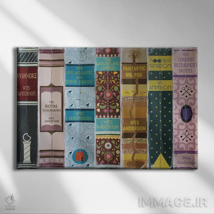 تابلو فیلمهای وس اندرسون (به سبک کتاب) اثر جردن بولتون - نمای روبهرو روی دیوار