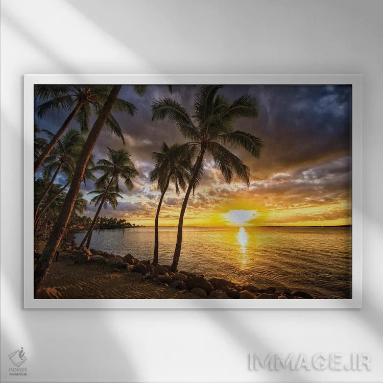 تابلو درختان نخل و غروب اثر بن مولدر - نمای قابدار سفید