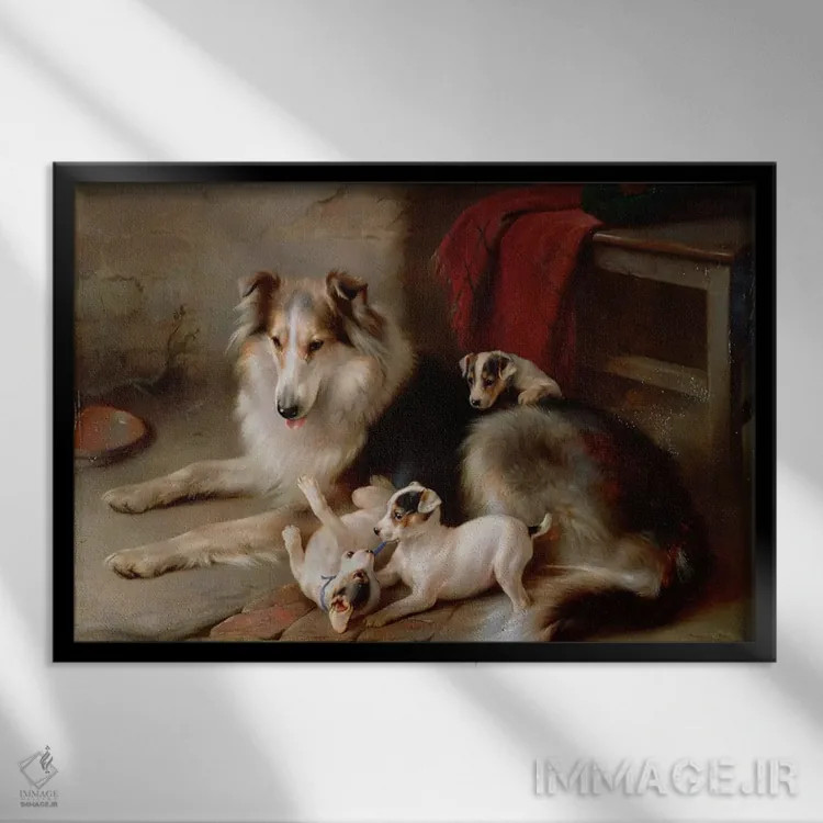 تابلو 1913,کالی با تولههای فاکس تریر، ۱۹۱۳ اثر والتر هانت - نمای قابدار مشکی