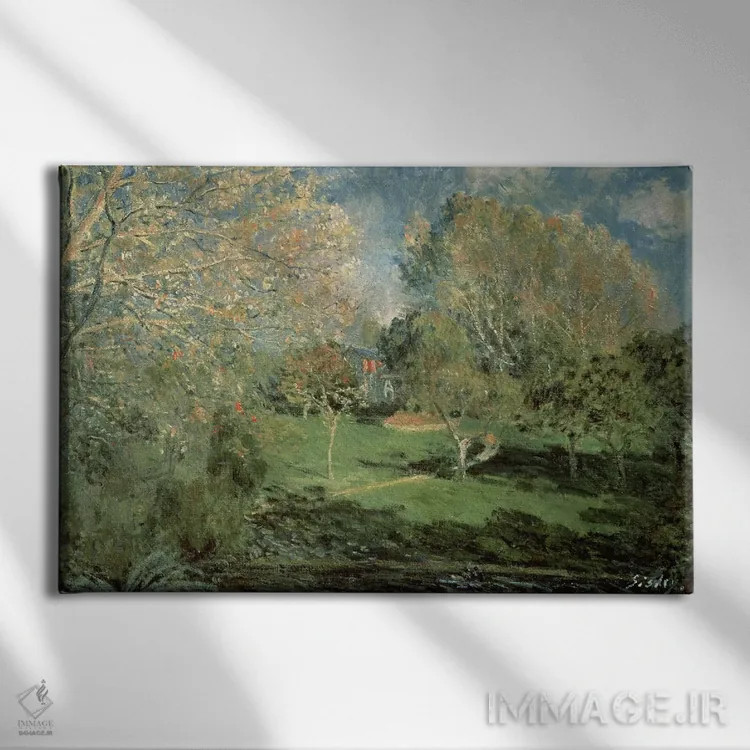 تابلو 1881,باغ خانوادهٔ هوشده، ۱۸۸۱ اثر آلفرد سیسلی (نقاش امپرسیونیست انگلیسی-فرانسوی) - نمای روبهرو روی دیوار