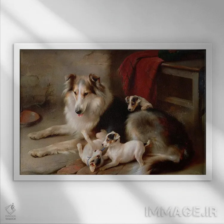 تابلو 1913,کالی با تولههای فاکس تریر، ۱۹۱۳ اثر والتر هانت - نمای قابدار سفید