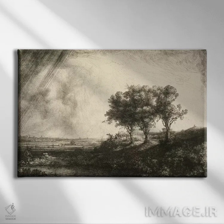 تابلو ۲۳.K5-292 سه درخت اثر رمبرانت فان رَین (نقاش بزرگ هلندی) - نمای روبهرو روی دیوار