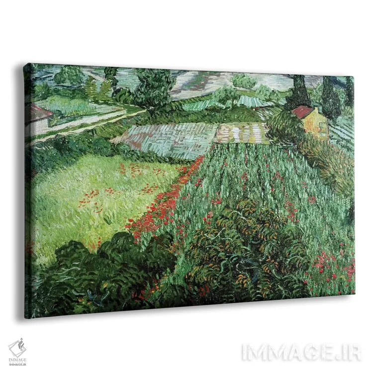 تابلو 1889,مزرعه با گلهای شقایق، ۱۸۸۹ اثر ونسان ون گوگ (نقاش مشهور هلندی پستامپرسیونیسم) - نمای پرسپکتیو محصول