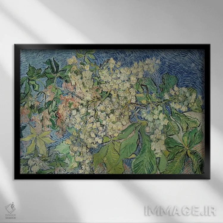 تابلو 1890,شاخههای شکوفهزده شاهبلوط، ۱۸۹۰ اثر ونسان ون گوگ (نقاش مشهور هلندی پستامپرسیونیسم) - نمای قابدار مشکی