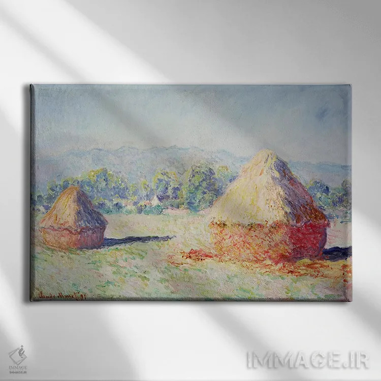 تابلو Morning Effect, 1891,خرمنها زیر آفتاب، جلوه صبحگاهی، ۱۸۹۱ اثر کلود مونه (نقاش معروف فرانسوی) - نمای روبهرو روی دیوار