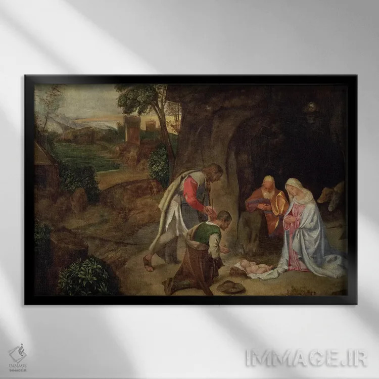 تابلو 1510,پرستش چوپانان، ۱۵۱۰ (مضمون معنویتی) اثر جورجو جورجیونه (نقاش ونیزی رنسانس) - نمای قابدار مشکی