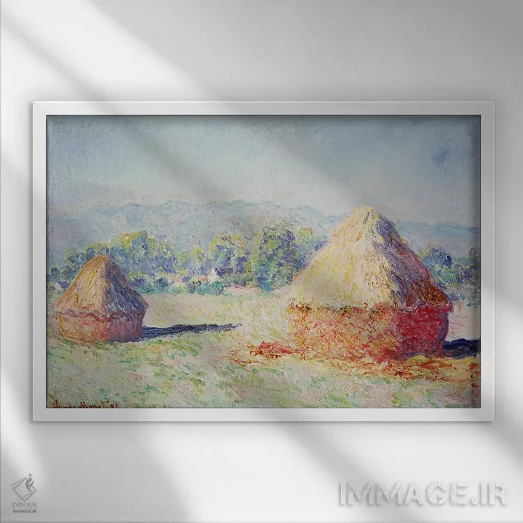 تابلو Morning Effect, 1891,خرمنها زیر آفتاب، جلوه صبحگاهی، ۱۸۹۱ اثر کلود مونه (نقاش معروف فرانسوی) - نمای قابدار سفید