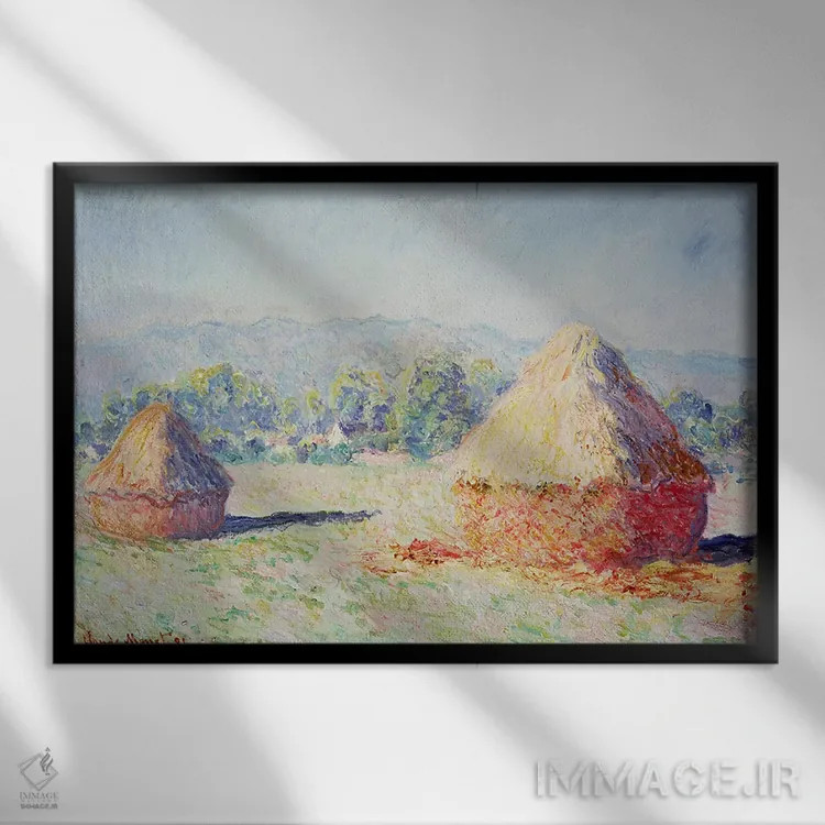 تابلو Morning Effect, 1891,خرمنها زیر آفتاب، جلوه صبحگاهی، ۱۸۹۱ اثر کلود مونه (نقاش معروف فرانسوی) - نمای قابدار مشکی