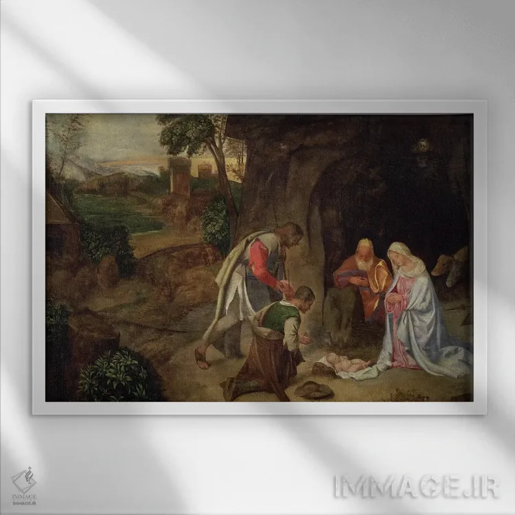 تابلو 1510,پرستش چوپانان، ۱۵۱۰ (مضمون معنویتی) اثر جورجو جورجیونه (نقاش ونیزی رنسانس) - نمای قابدار سفید