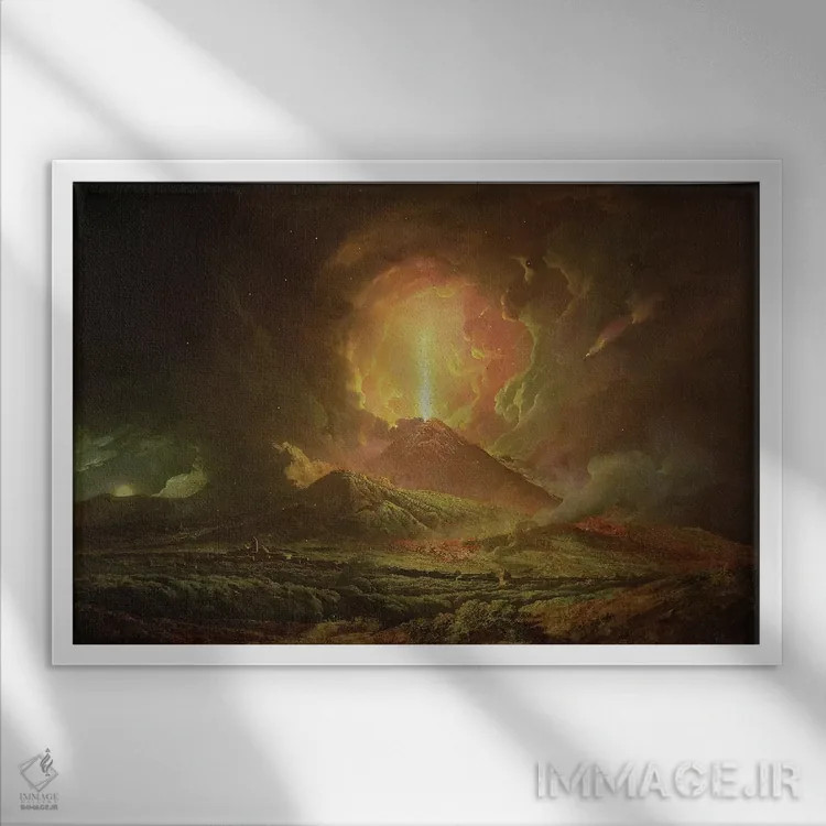 تابلو فوران وزوویوس از پورتیکی، حدود ۱۷۷۴–۱۷۷۶ اثر جوزف رایت از داربی (نقاش انگلیسی) - نمای قابدار سفید