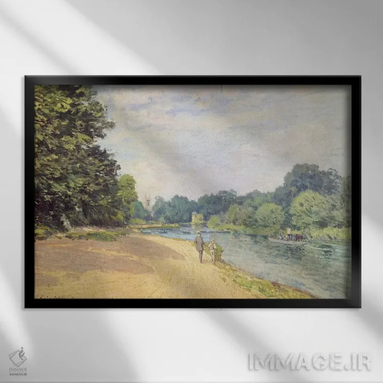 تابلو 1874,رود تیمز با کلیسای همپتون (لا تامیز آوِک همپتون)، ۱۸۷۴ اثر آلفرد سیسلی (نقاش امپرسیونیست انگلیسی-فرانسوی) - نمای قابدار مشکی