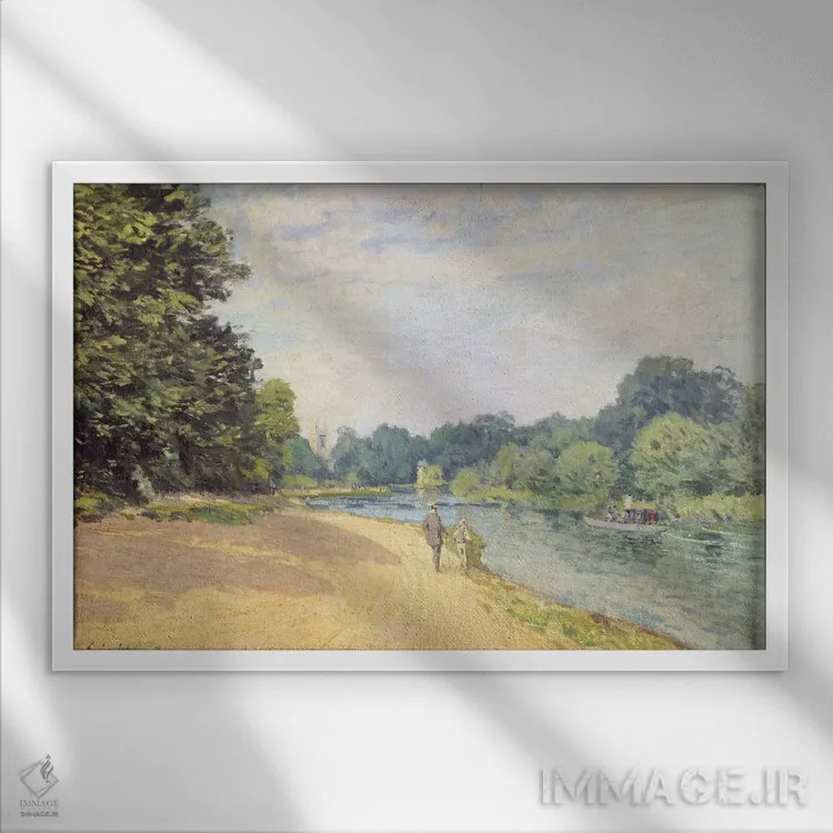 تابلو 1874,رود تیمز با کلیسای همپتون (لا تامیز آوِک همپتون)، ۱۸۷۴ اثر آلفرد سیسلی (نقاش امپرسیونیست انگلیسی-فرانسوی) - نمای قابدار سفید