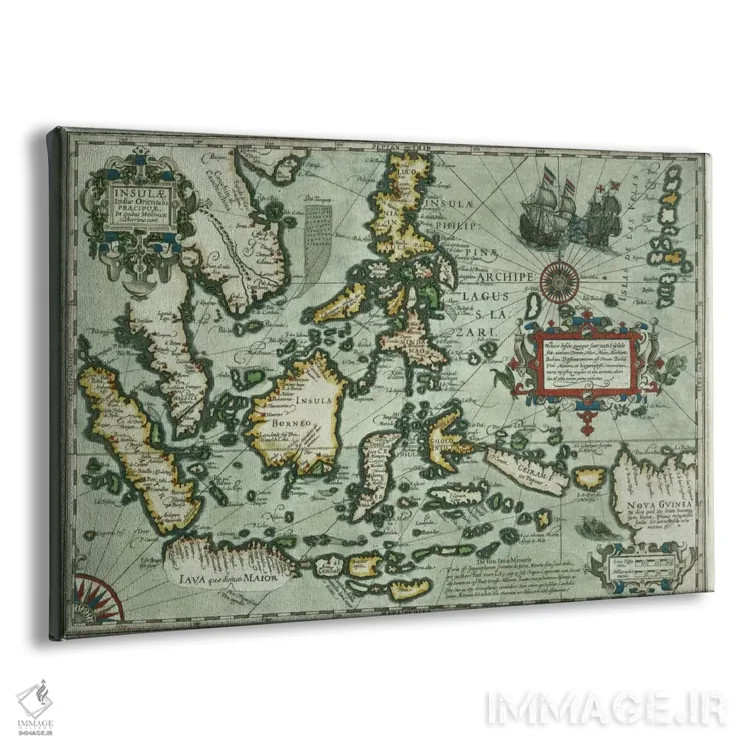 تابلو نقشهٔ هند شرقی، چاپ آمستردام ۱۶۳۵ اثر مکتب هلندی (سبک نقاشی هلند) - نمای پرسپکتیو محصول