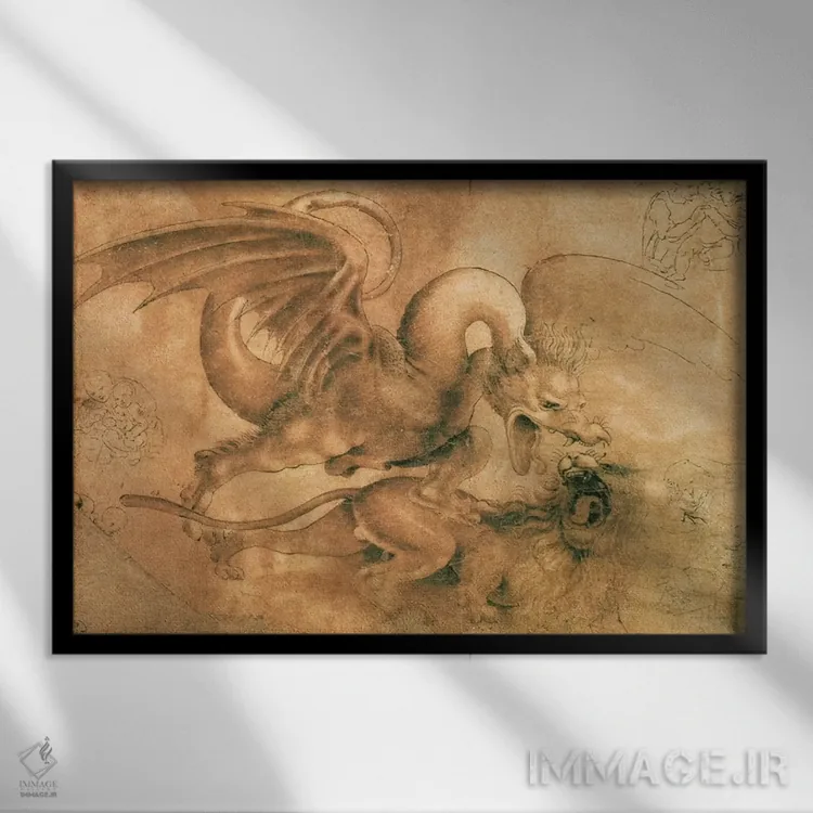 تابلو نبرد اژدها و شیر اثر لئوناردو داوینچی (نقاش و مخترع ایتالیایی) - نمای قابدار مشکی