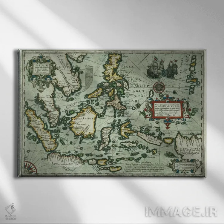 تابلو نقشهٔ هند شرقی، چاپ آمستردام ۱۶۳۵ اثر مکتب هلندی (سبک نقاشی هلند) - نمای روبهرو روی دیوار