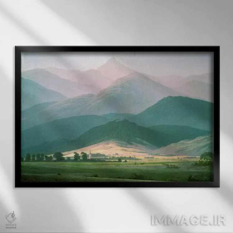 تابلو منظرهای در رشتهکوه رایزنگیبرگه، ۱۸۱۰-۱۱ (آلمان/لهستان) اثر کاسپار داوید فریدریش (نقاش رمانتیک آلمانی) - نمای قابدار مشکی