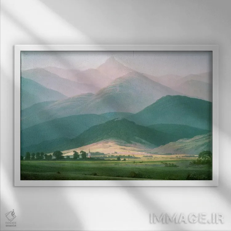 تابلو منظرهای در رشتهکوه رایزنگیبرگه، ۱۸۱۰-۱۱ (آلمان/لهستان) اثر کاسپار داوید فریدریش (نقاش رمانتیک آلمانی) - نمای قابدار سفید
