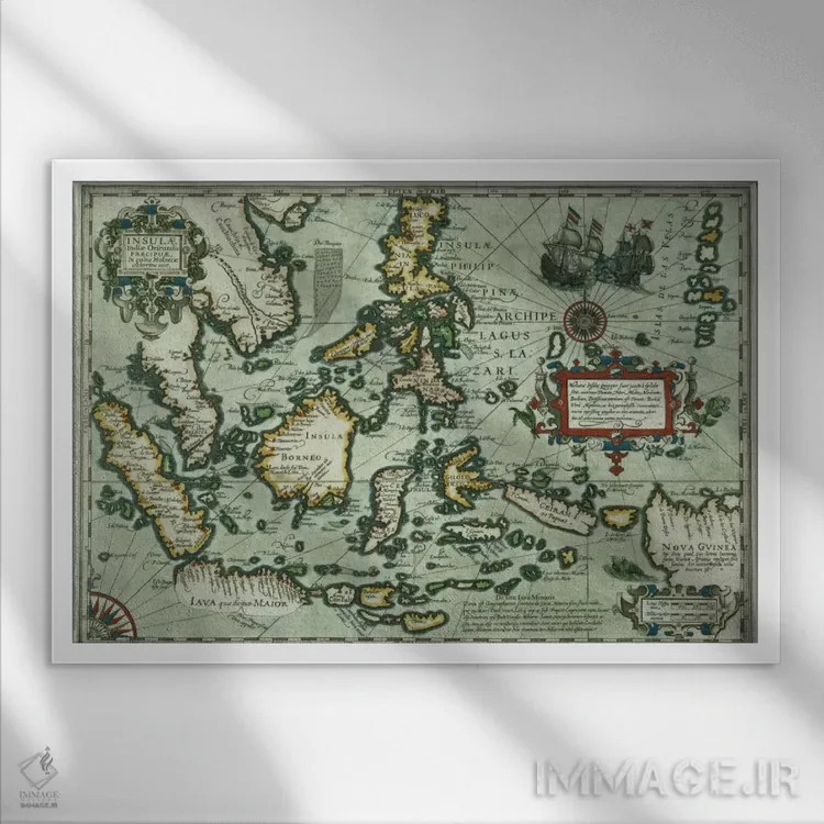 تابلو نقشهٔ هند شرقی، چاپ آمستردام ۱۶۳۵ اثر مکتب هلندی (سبک نقاشی هلند) - نمای قابدار سفید