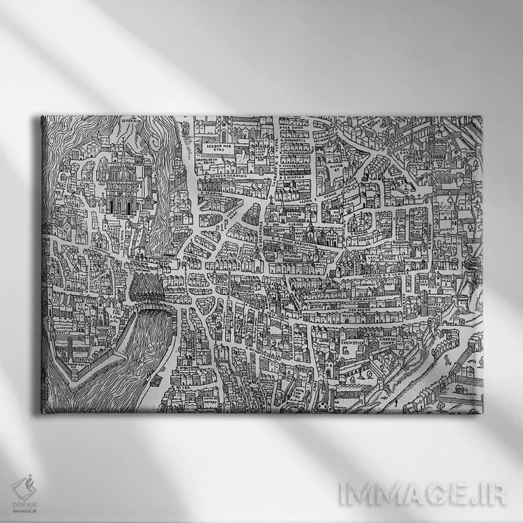 تابلو جزئیاتی از نقشه پاریس در دوره هنری دوم، محله مدارس، ۱۵۵۲ اثر مکتب فرانسوی (سبک یا جریان هنری) - نمای روبهرو روی دیوار