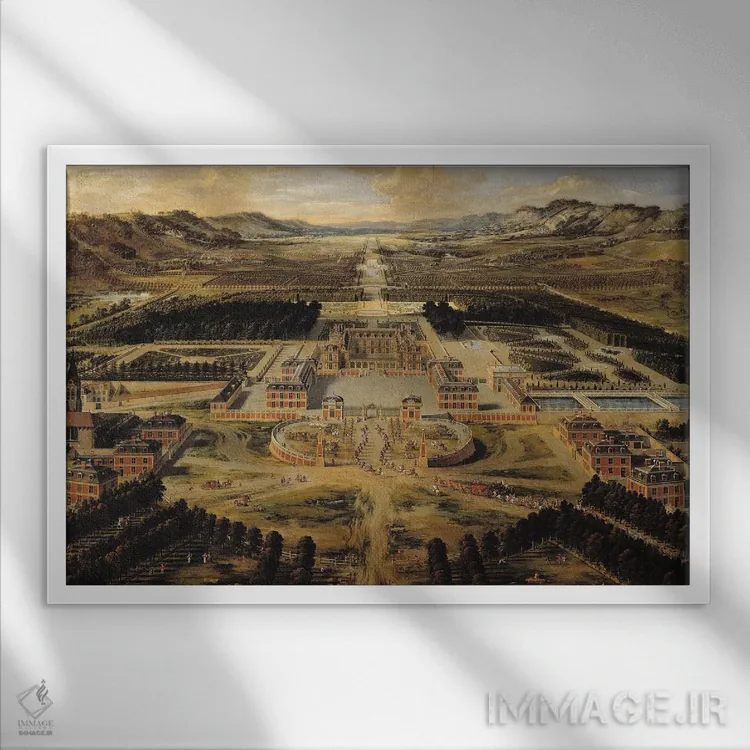 تابلو نمای پرسپکتیو از کاخ، باغات و پارک ورسای از خیابان پاریس، ۱۶۶۸ اثر پیر پاتل - نمای قابدار سفید