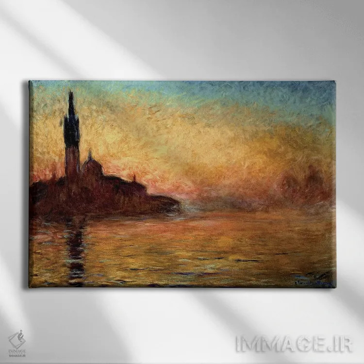 تابلو Venice By Twilight, 1908 (Bridgestone Museum Of Art),نمای سن جورجو ماجوره، ونیز در گرگ و میش، ۱۹۰۸ (موزه بریجستون) اثر کلود مونه (نقاش معروف فرانسوی) - نمای روبهرو روی دیوار