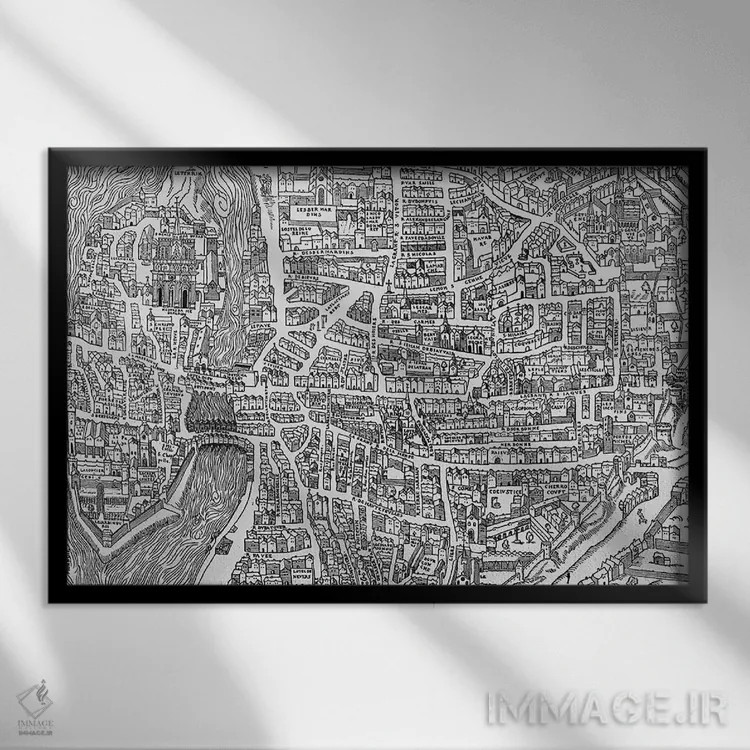 تابلو جزئیاتی از نقشه پاریس در دوره هنری دوم، محله مدارس، ۱۵۵۲ اثر مکتب فرانسوی (سبک یا جریان هنری) - نمای قابدار مشکی
