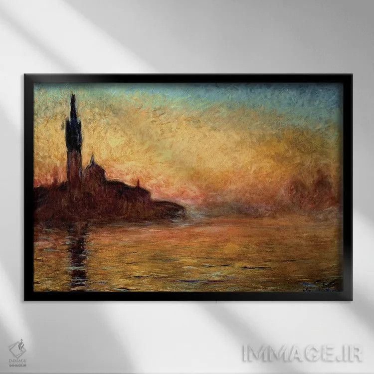 تابلو Venice By Twilight, 1908 (Bridgestone Museum Of Art),نمای سن جورجو ماجوره، ونیز در گرگ و میش، ۱۹۰۸ (موزه بریجستون) اثر کلود مونه (نقاش معروف فرانسوی) - نمای قابدار مشکی