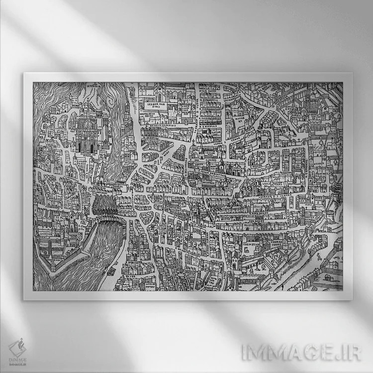 تابلو جزئیاتی از نقشه پاریس در دوره هنری دوم، محله مدارس، ۱۵۵۲ اثر مکتب فرانسوی (سبک یا جریان هنری) - نمای قابدار سفید