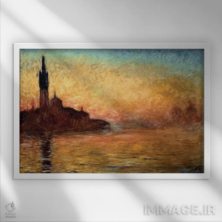 تابلو Venice By Twilight, 1908 (Bridgestone Museum Of Art),نمای سن جورجو ماجوره، ونیز در گرگ و میش، ۱۹۰۸ (موزه بریجستون) اثر کلود مونه (نقاش معروف فرانسوی) - نمای قابدار سفید