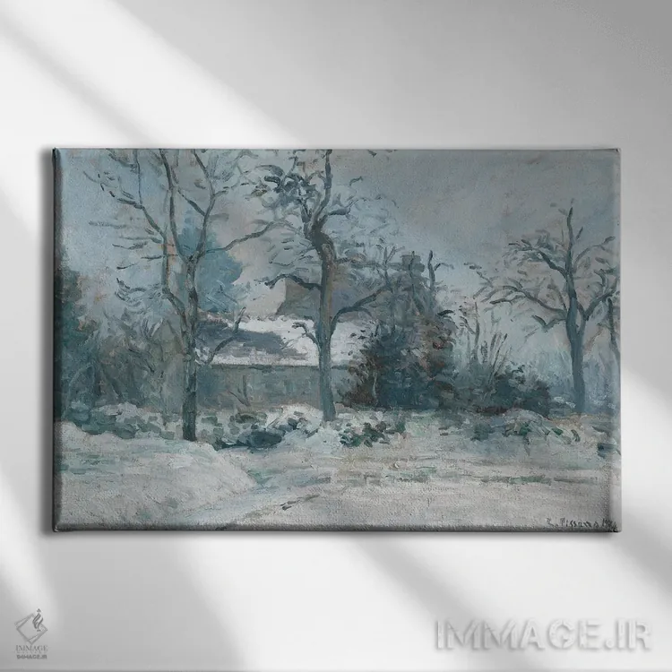 تابلو خانهٔ پیت در مونفوکو، با اثر برف، ۱۸۷۴ اثر کامی یِل پیسارو (نقاش فرانسوی امپرسیونیست) - نمای روبهرو روی دیوار