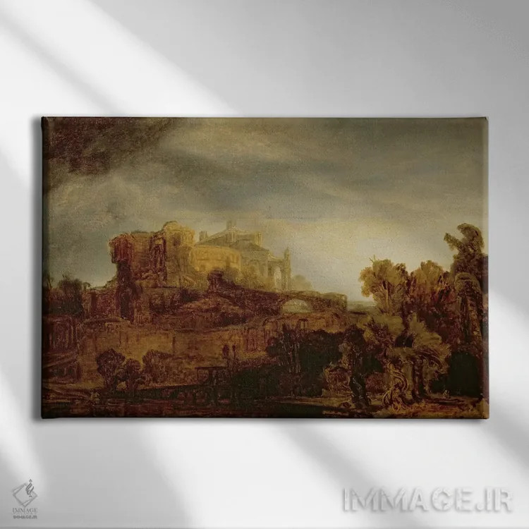 تابلو منظره با یک قلعه (شاتو) اثر رمبرانت فان رَین (نقاش بزرگ هلندی) - نمای روبهرو روی دیوار