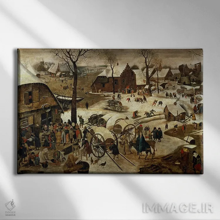 تابلو پرداخت عشر یا سرشماری در بیتلحم اثر پییتر بروگل پسر (نقاش هلندی) - نمای روبهرو روی دیوار