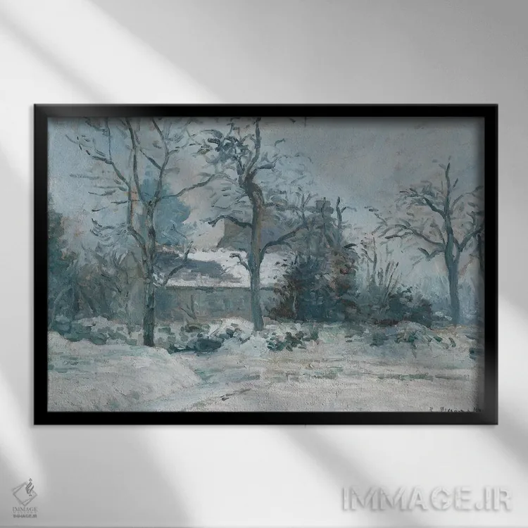 تابلو خانهٔ پیت در مونفوکو، با اثر برف، ۱۸۷۴ اثر کامی یِل پیسارو (نقاش فرانسوی امپرسیونیست) - نمای قابدار مشکی