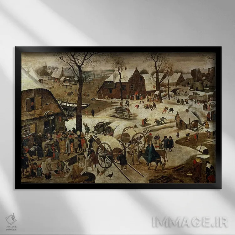 تابلو پرداخت عشر یا سرشماری در بیتلحم اثر پییتر بروگل پسر (نقاش هلندی) - نمای قابدار مشکی