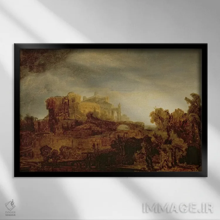 تابلو منظره با یک قلعه (شاتو) اثر رمبرانت فان رَین (نقاش بزرگ هلندی) - نمای قابدار مشکی