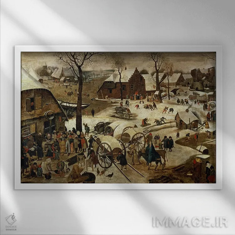 تابلو پرداخت عشر یا سرشماری در بیتلحم اثر پییتر بروگل پسر (نقاش هلندی) - نمای قابدار سفید