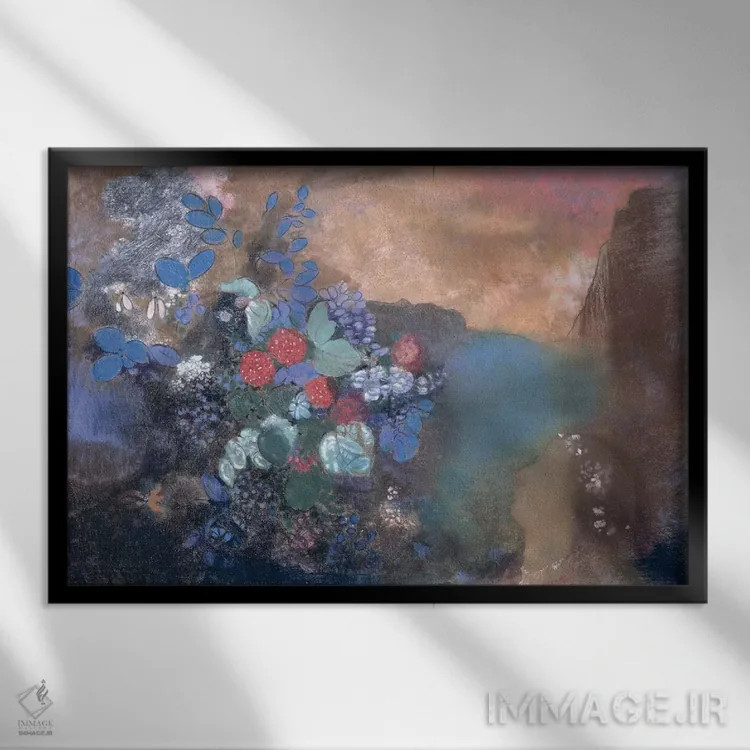 تابلو اوفلیا در میان گلها، حدود ۱۹۰۵-۸ اثر اودیلو ردون - نمای قابدار مشکی