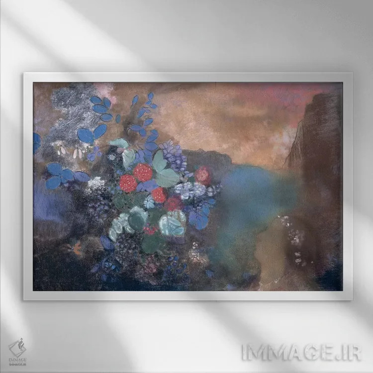 تابلو اوفلیا در میان گلها، حدود ۱۹۰۵-۸ اثر اودیلو ردون - نمای قابدار سفید