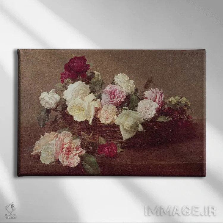 تابلو سبد گل رز، ۱۸۹۰ اثر اگناس آنری ژان تئودور فانتن-لاتور - نمای روبهرو روی دیوار