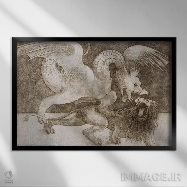 تابلو نبرد اژدها و شیر اثر لئوناردو داوینچی (نقاش و مخترع ایتالیایی) - نمای قابدار مشکی