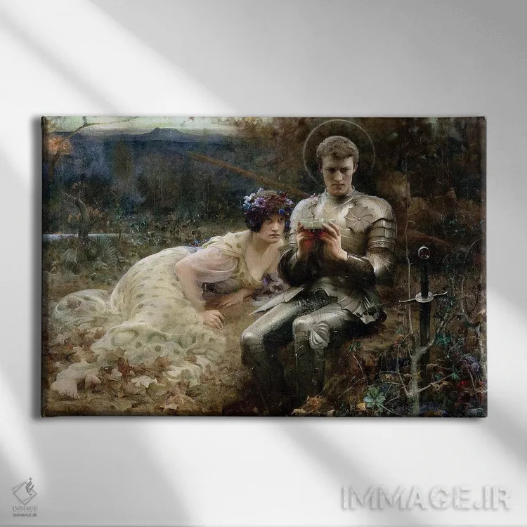 تابلو وسوسهٔ سر پرسیوال، ۱۸۹۴ اثر آرتور هکر - نمای روبهرو روی دیوار