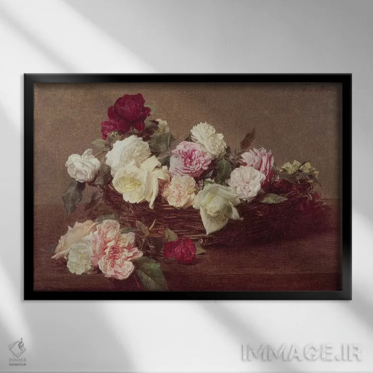 تابلو سبد گل رز، ۱۸۹۰ اثر اگناس آنری ژان تئودور فانتن-لاتور - نمای قابدار مشکی