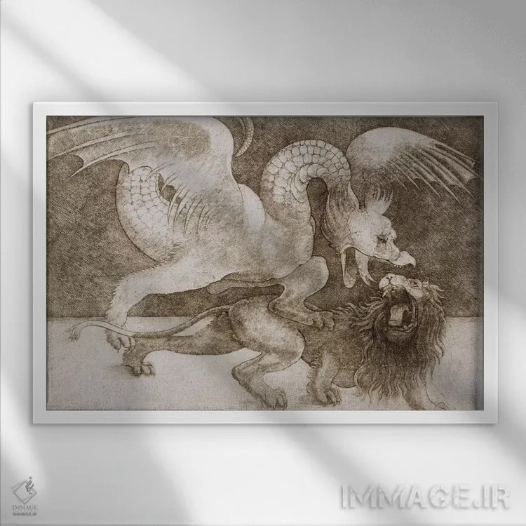 تابلو نبرد اژدها و شیر اثر لئوناردو داوینچی (نقاش و مخترع ایتالیایی) - نمای قابدار سفید