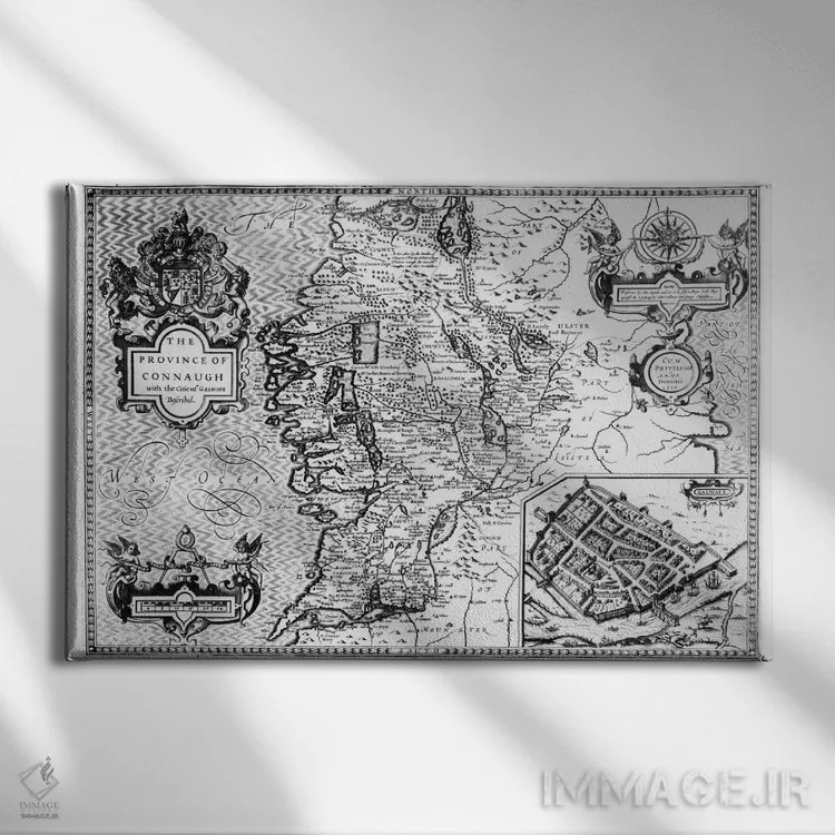 تابلو استان کانات با شرح شهر گالوی، حکاکیشده توسط یودوکوس هوندیوس (نقشه تاریخی ایرلند) اثر جان اسپید - نمای روبهرو روی دیوار