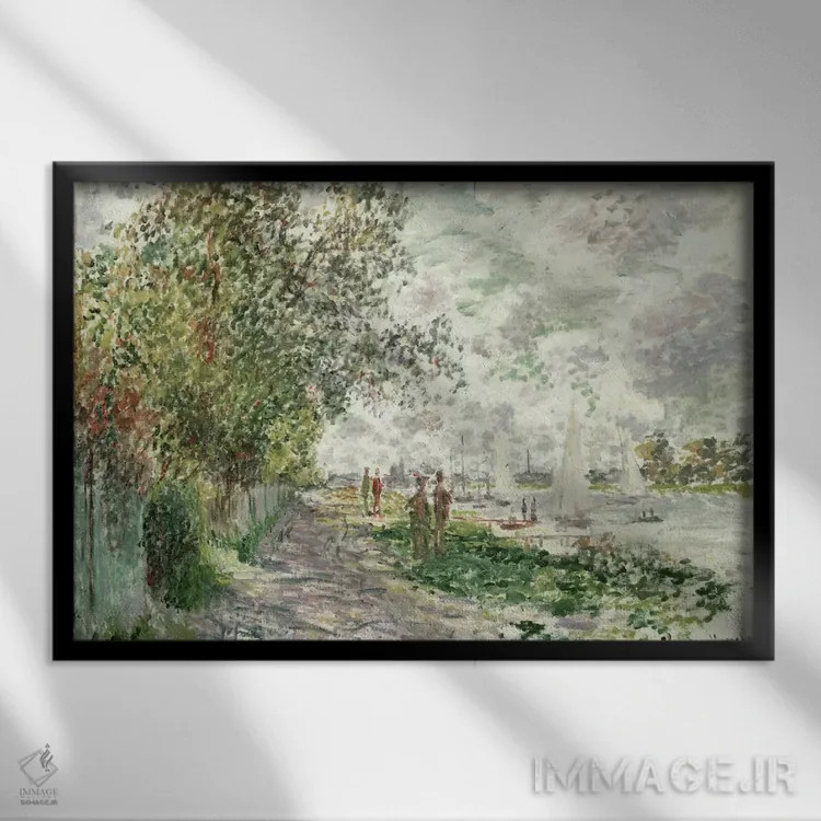 تابلو ساحل رودخانه در ژنوویه، حدود ۱۸۷۵ (فرانسه) اثر کلود مونه (نقاش معروف فرانسوی) - نمای قابدار مشکی