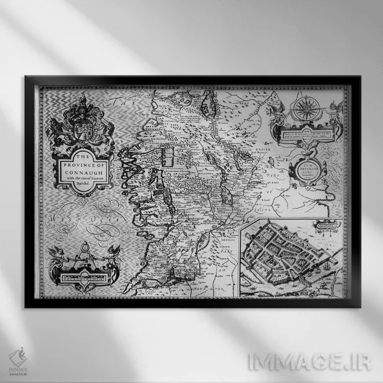 تابلو استان کانات با شرح شهر گالوی، حکاکیشده توسط یودوکوس هوندیوس (نقشه تاریخی ایرلند) اثر جان اسپید - نمای قابدار مشکی