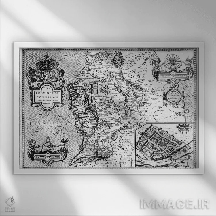 تابلو استان کانات با شرح شهر گالوی، حکاکیشده توسط یودوکوس هوندیوس (نقشه تاریخی ایرلند) اثر جان اسپید - نمای قابدار سفید