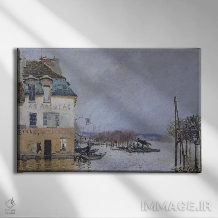 تابلو سیلاب در پورت-مارلی، ۱۸۷۶ (فرانسه) اثر آلفرد سیسلی (نقاش امپرسیونیست انگلیسی-فرانسوی) - نمای روبهرو روی دیوار